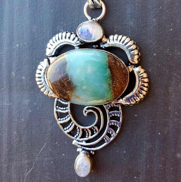 New Chrysoprase & Rainbow Moonstone 925 Silver Pendant - Picture 7 of 16